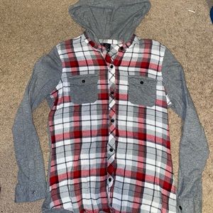 Gray, Red and white flannel with hood